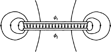 Electric field lines of a real parallel plate capacitor. Image: Greiner W., <i>Classical Electrodynamics</i>